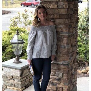 LOFT Grey Off-the-Shoulder Long Sleeve Top Cotton Blend Size S (Fits M)